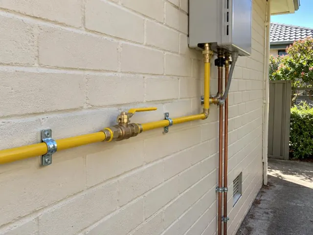 Exterior gas pipes and fittings on a painted brick wall beside a house in Stanhope Gardens
